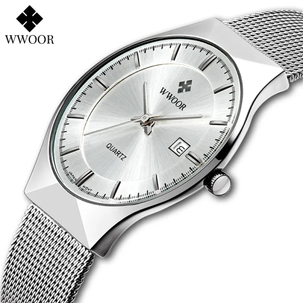 WWOOR Silver Herrklockor med Mesh Stål Topp Märke Lyx Ultra Tunn Kvarts Vattentät Date Business Armbandsur Box Montre Homme silver black box