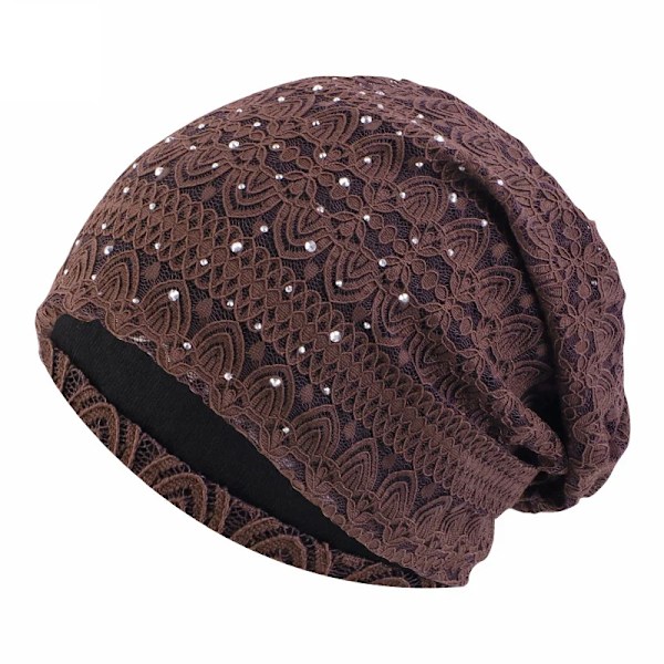 Vintermössor för Kvinnor Män Spets Rhinestone Andningsbar Turbanhatt Vindtät Varm Mössa Kvinnlig Beanie Hip Hop Ben Gorro Hästsvanshatt Dark Brown