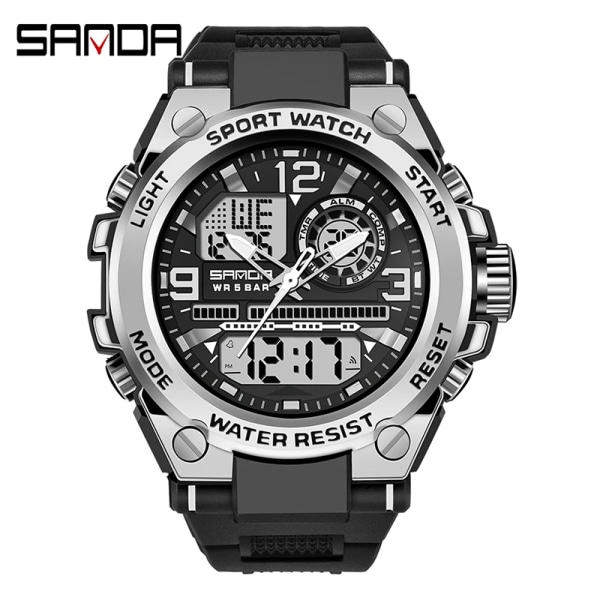 SANDA G Style Herr Digital Watch Date Militär Sportklockor Vattentät Elektronisk Armbandsur Herrklocka Orologio da uomo Black silver 6024
