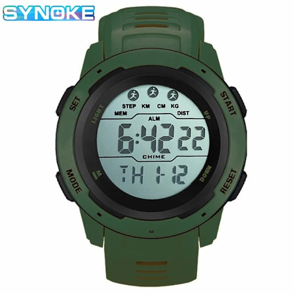 SYNOKE Märke Herr Watch Herrsportklockor Timing Funktion Väckarklocka Vattentät 50M Digitalklocka Watch Green