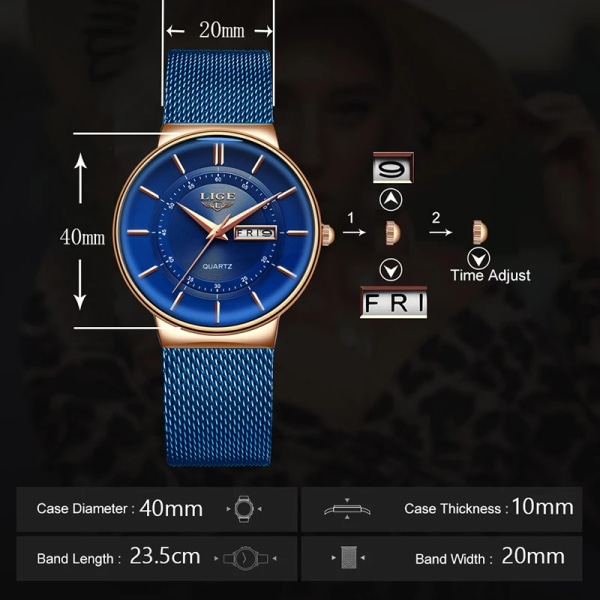 LIGE Damklockor Lyxmärke Ultratunn kalendervecka Quartz Watch Damklockor Mesh Rostfritt stål Vattentät Reloj Mujer full blue