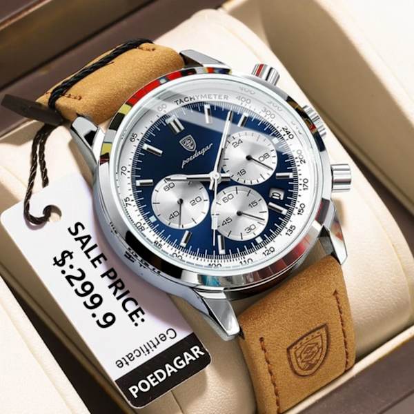 POEDAGAR Lyx Watch Högkvalitativ vattentät kronograf Lysande Herrarmbandsur Läder Herr Kvartsklockor Casual Silver Blue