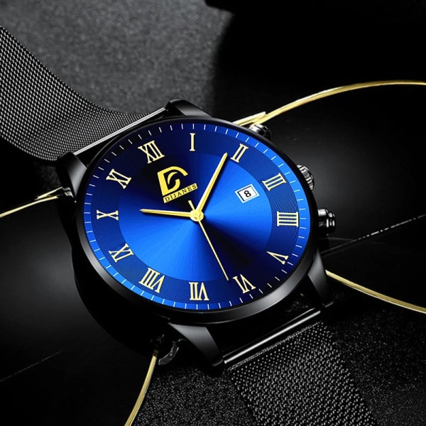 Minimalistiska herrklockor Lyxigt rostfritt stål Mesh -bälte Quartz Watch 2022 Herr Business Casual Sportklocka Mesh Gold Blue