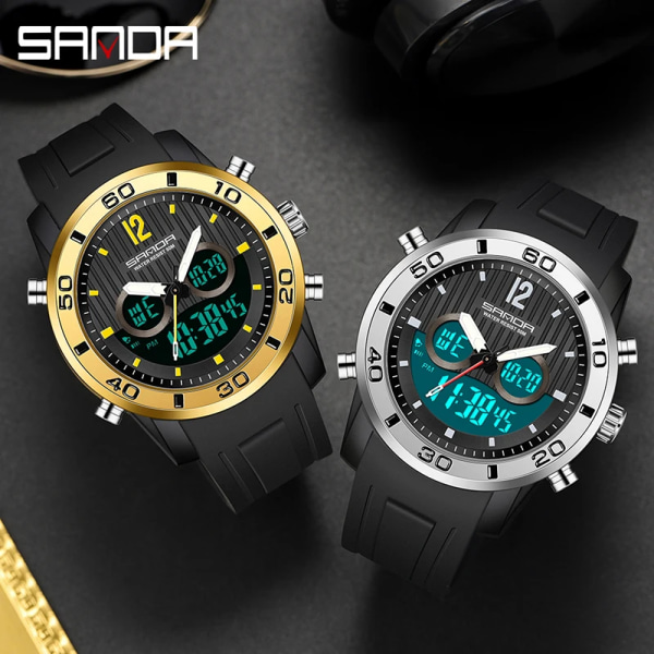 SANDA Janpan Electronic Movement Herrklockor Sport 2Time Led Display Militär Digital Vattentät Watch Relogio Masculino Black Gold