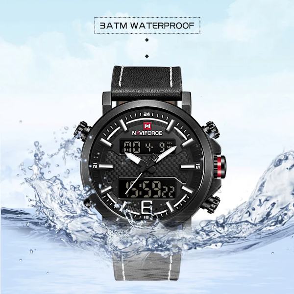 NAVIFORCE Sportklockor för män Herr Quartz LED digital klocka Toppmärke Lyxigt manligt mode Läder Vattentät militär watch Black Grey