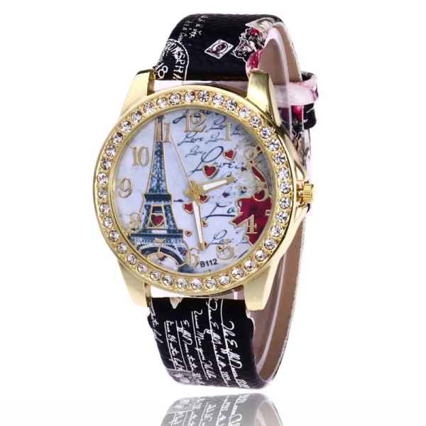 Nya Lyxiga Damklockor Mode Eiffeltornet Diamant Damklocka Flickor Vackert watch Damklänning Klocka Watch Black