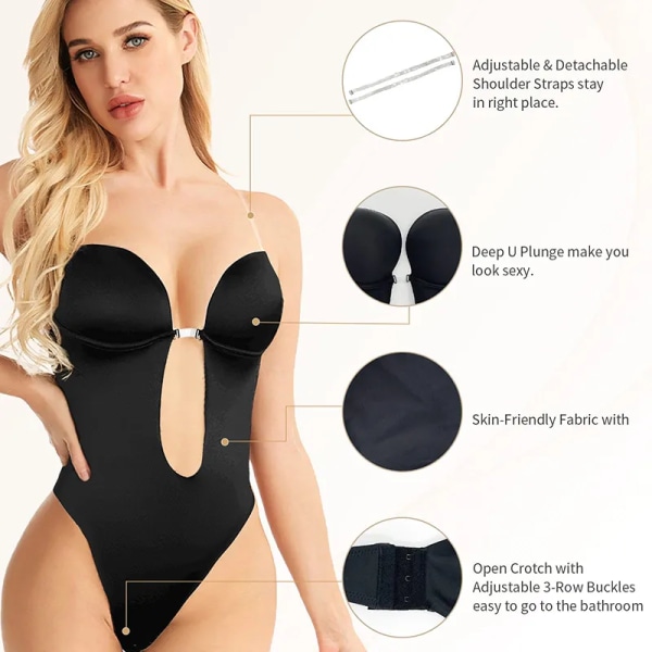 Kvinnor Axelbandslös Bodysuit med djup V-ringad Osynlig helkroppskorsett för rygglös klänning Push Up BH Stringtrosa Öppen gren Underkläder Bälte Black 2XL