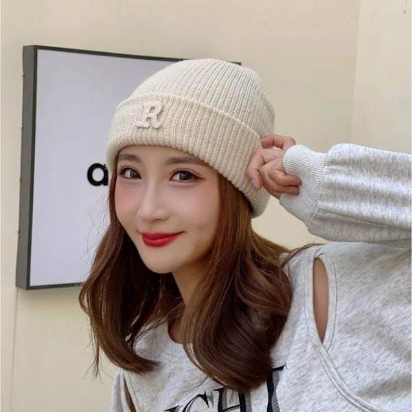 Ny R-bokstav Stickad Mössa för Kvinnor, Höst & Vinter, Trendig Casual Varm Koreansk Mössa beige