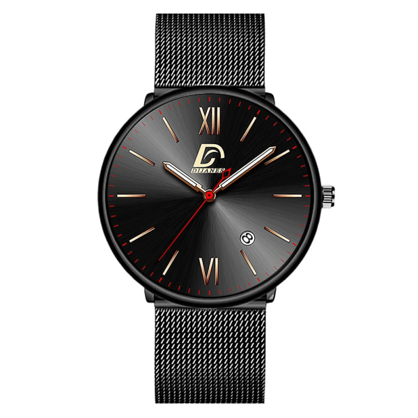 reloj hombre Herrklockor Lyxigt rostfritt stål Mesh -bälte Quartz Armbandsur Män Läderkalender Lysande klocka Mesh Black Rose