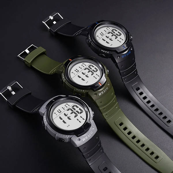 Herr Sport Casual LED-klockor Herr Digital klocka Multifunktionell gummi Man Fitness Army Militär elektronisk watch Reloj Hombre Gray
