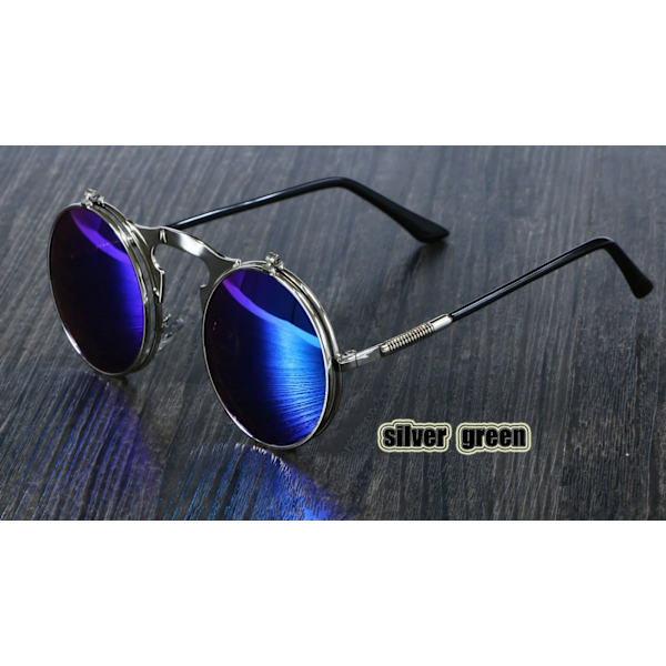 3057 Steampunk Solglasögon Rund Metall Dam Stil Retro Flip Circular Dubbel Metall Solglasögon Män CIRCLE SOLGLASÖGON silver green