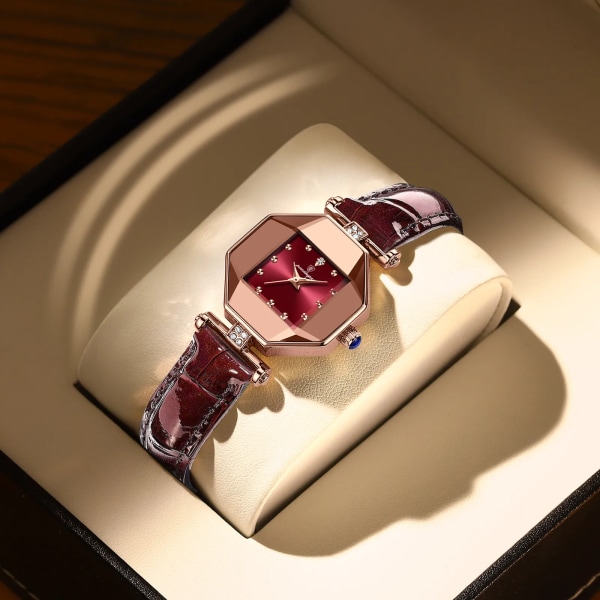 POEDAGAR Damklockor Mode Kvadrat Diamant Vin Röd Läder Watch Lyx roséguld Vattentät Damarmbandsur Present Rose Gold
