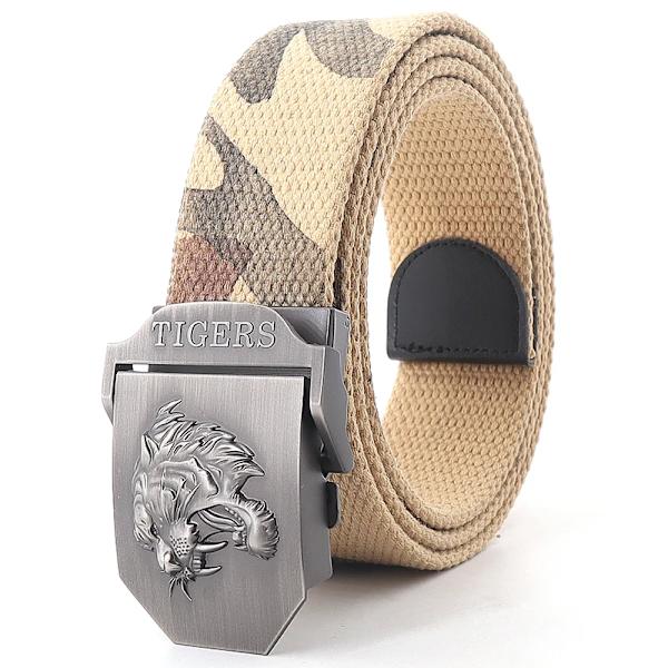 Ny canvas utomhus taktiskt armébälte 3D tigerhuvud Emblem metallspänne unisex jeansbälte för män Militärbälte Man sportrem Khaki camouflage 110cm
