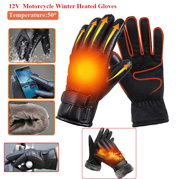 12V Motorcykel Vinter Uppvärmda Handskar Pu Läder Elektrisk Uppvärmd Pekskärm Batteriladdning Vattentät För Snöskoter Motorcykel 12V Heating