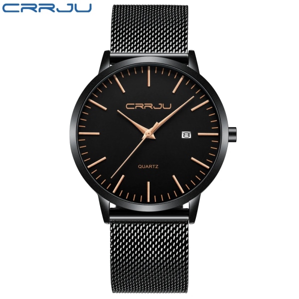 CRRJU Mode Watch Ultratunn kvartsklocka Herr Casual Slim Mesh Stål Vattentät Watch Svart Relogio Masculino black black rose