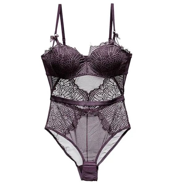 Sexig body för kvinnor Underkläder Spets Push Up Balconette BH Rosettdekoration Bygel Påfågelfjäder jumpsuits med ihålig rygg Dark Purple Type 70