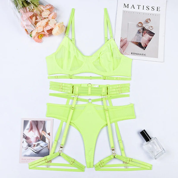 YBFDO 3-delad BH Set Dam Patchwork Genomskinlig Mesh Underkläder Dam Sexiga Fancy Transparenta Set neon green M