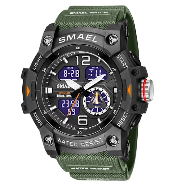 SMAEL Dual Time LED Display Watch för män Militär Sport Digitala klockor Dam Unisex Vattentät Auto Date Week Armbandsur 8007 Green