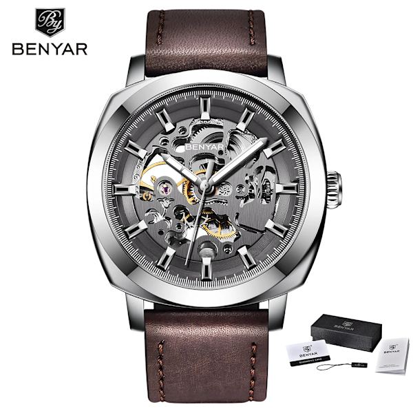 BENYAR Nya Män Mekaniska Klockor Lyx Skeleton Tourbillon Herr Automatisk Watch 30M Vattentät Sportklocka Relogio Masculino white gray