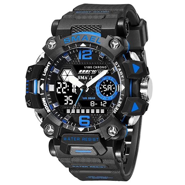 SMAEL Herrklockor 50m Vattentät Watch Military Man Watch Digital 8072 Dual Display Watch Quartz Led Digital BLACKLUE