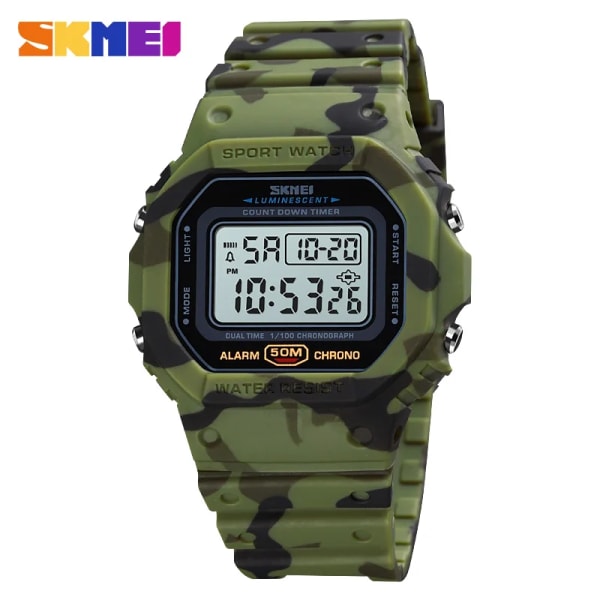 SKMEI 1628 Digital Sport Watch Herr 2 Time Count Down Herr Armbandsur Mode Retro Man Klockor reloj hombre Green camo