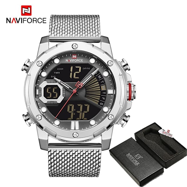 NAVIFORCE Originalklockor för män Lyxmärke Quartz Dual Display Militär watch Mesh stålband Vattentät klocka SBW BOX