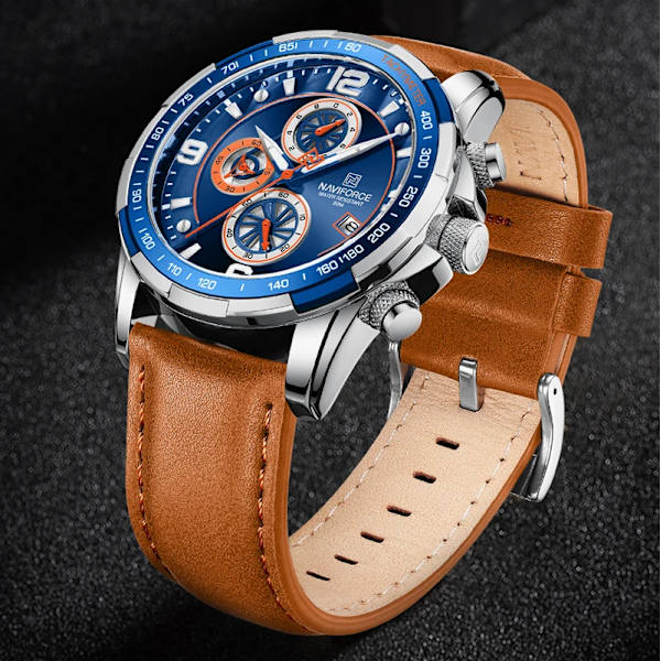 Toppmärke NAVIFORCE klockor för män Vattentät läder Quartz Watch Kronograf Sportarmbandsur Lysande manlig klocka S B BN Box