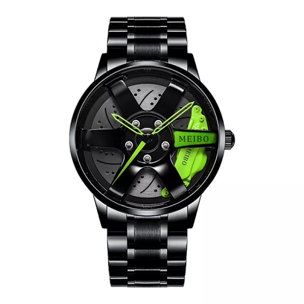 Watch för män för vattentät vakuumplätering med bilhjulsfälgnavdesign sportautomatiskt armbandsur MB110 Green