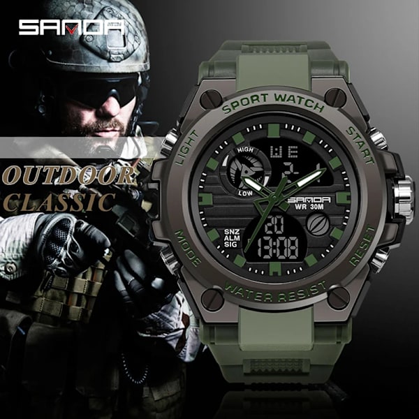 SANDA Sports Herrklockor Lyxiga Militärkvarts Elektroniska Klockor Stötsäkra Vattentät Digital Armbandsur Relogio Masculino Green