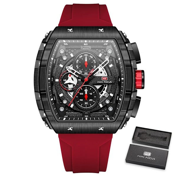 MINI FOCUS Quartz-klockor för herrkronograf analog armbandsur Student Tonneau Dial Militär silikonrem Ungdomssportklocka Red