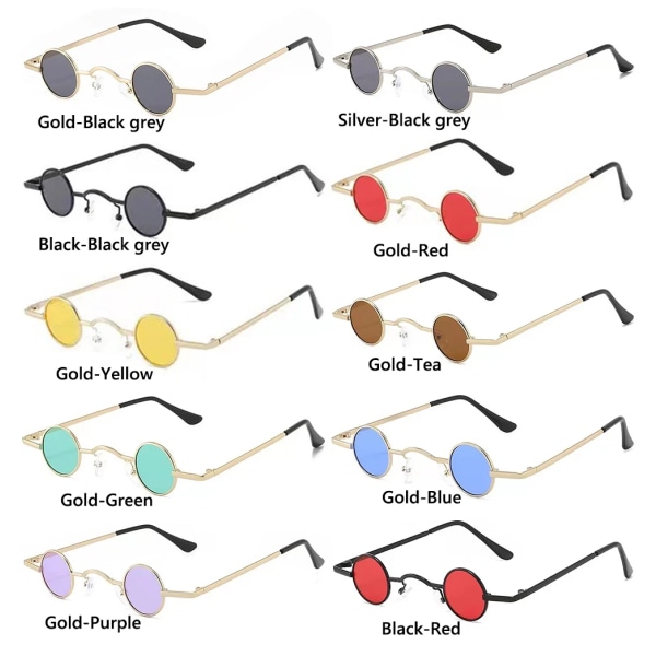 Små runda anti-reflekterande solglasögon för kvinnor män Ultra mini metallbåge Hip Hop Punk Solglasögon Godis Färg Ins Mode Gold-Black grey As shown