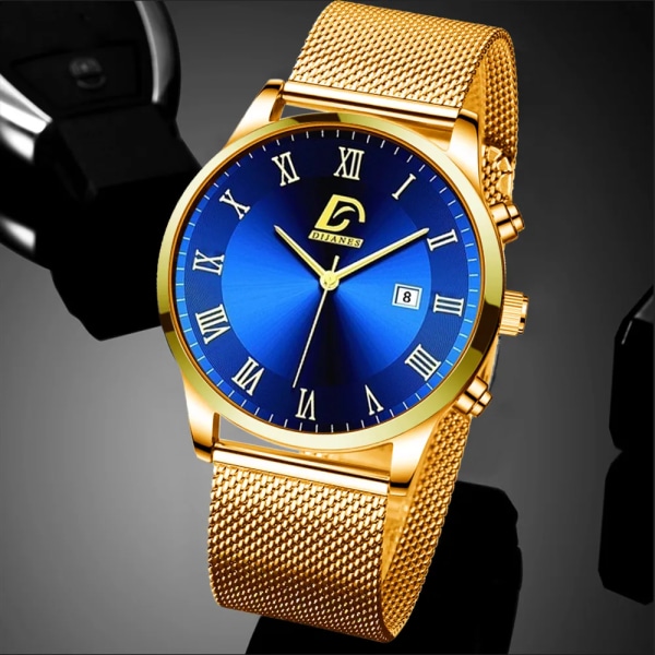 Minimalistiska herrklockor Lyxigt rostfritt stål Mesh -bälte Quartz Watch 2022 Herr Business Casual Sportklocka Leather Gold Blue