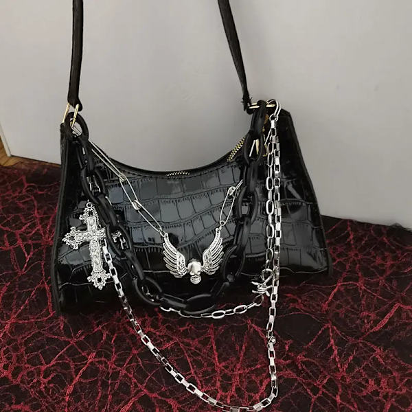 MBTI Y2k Hot Girl Kedja Krokodilmönster Handväska Sommar Subkultur Mörk Punk Underarmsväska Cross Skull Axelväska Black 24X14X6