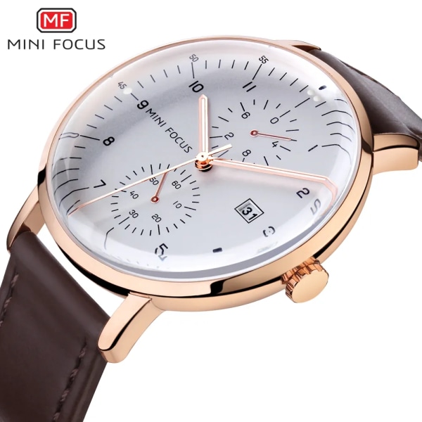 MINI FOCUS Mode Herrklockor Toppmärke Lyx Quartz Watch Date Window Armbandsur Brun Äkta läderrem reloj hombre BO BN RG WHITE