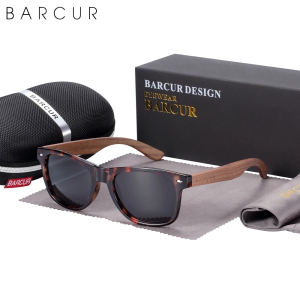 BARCUR Black Walnut Solglasögon Trä Polariserade Solglasögon Herr Glasögon Herr UV400 Skyddsglasögon Original Träkartong Leopard Gray BARCUR Polarized