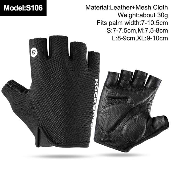 ROCKBROS Half Finger MTB Cykelhandskar Andas landsvägscykelhandskar i nylon Tunna Lätt Slitstark Fingerlös Fitness Vante S106 Black M