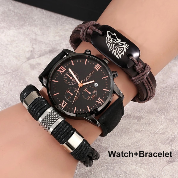 Klockor Set för män Läder Wolf Watch Top Märke Lyx 3PCS Quartz Watch Herrklocka Present till pojkvän Reloj Hombre Watch-Bracelet 02