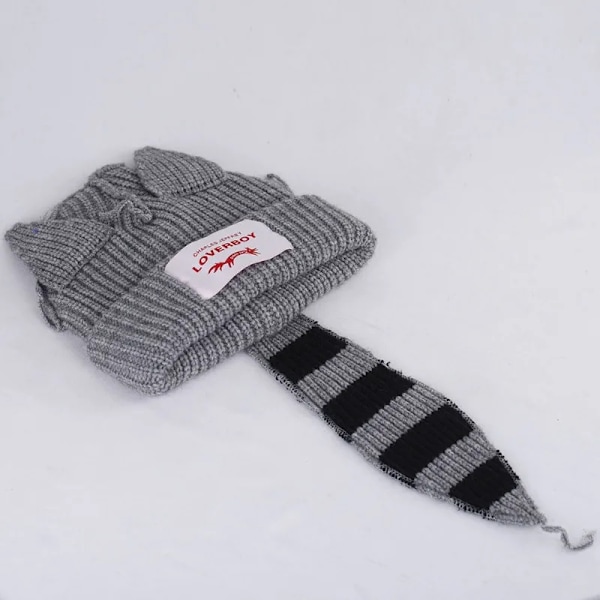Söt Mode Huva Cap Loverboy Katteöra Stickad Hatt Dubbellager Varm Grisöra Hatt Nisch Design Hip-Hop Personlighet Kalla Hatt E20 gray TW tail M 56-58cm