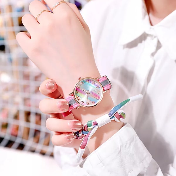 Mode regnbågsfärg watch Nylon Färgglad armbandsur för damer Casual Quartz kvinnlig klocka Studenternas presentreloj Pink