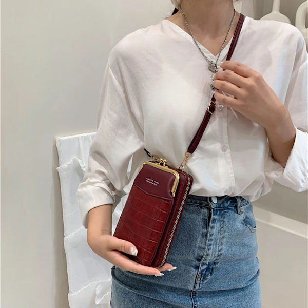 NYTT Mode Stenmönster Crossbody-väska Dam PU-läder Lyx Samll Telefonficka Damväska Axelväskor Handväskor A-Wine Red