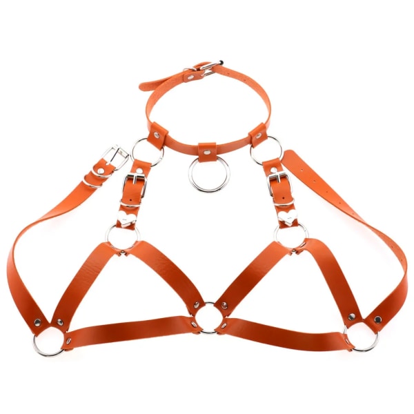 Mode Punk Cupless BH Top Läder Sele Bälte Kropp Bondage Bröstband Svart Dubb Nit Beskuren Top Bröstband Orange One size