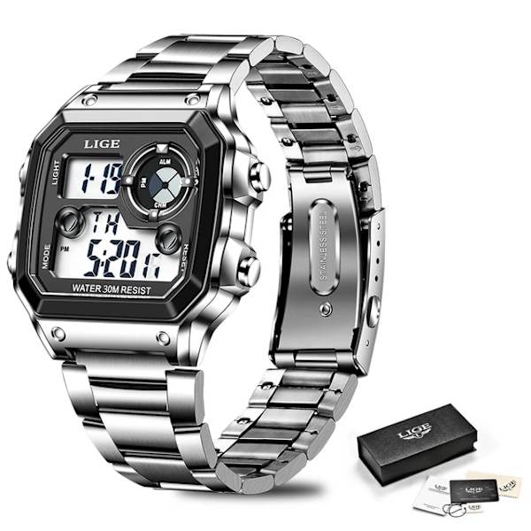 2022 NYHET Lyxmärke Watch Militär Digital Sport Armbandsur Herr Stålband Vattentät Klocka Man Relogio Masculino silver black(.327)