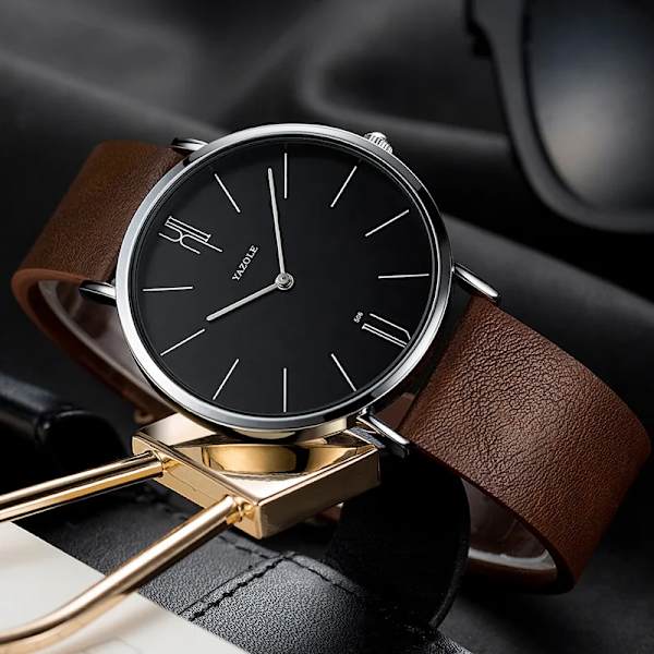 Enkla herrklockor i äkta läder Bussiness Quartz Watch Vattentät Svart Vit Dail Quartz Watch för män black white