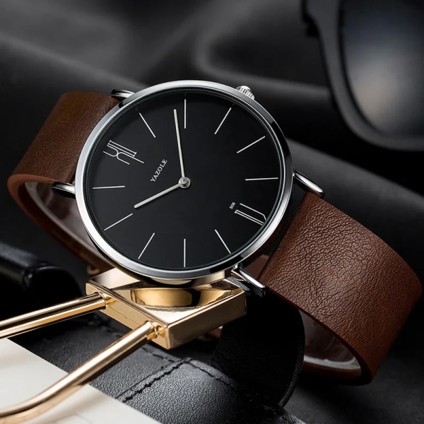 Enkla herrklockor i äkta läder Bussiness Quartz Watch Vattentät Svart Vit Dail Quartz Watch för män brown white