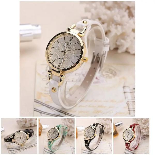 Mode Kvinnor Casual Rund Urtavla Nit PU Läderarmband Armbandsur Dam Analog Quartz Watch Presenter Tillbehör Red