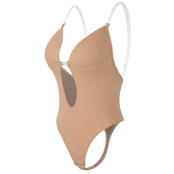 Sexig Djup V-hals Rygglös Body Shaper BH Body String String Shapewear Dam Naken Svart Osynlig Magkontroll Underkläder Bröllop Brown XXL
