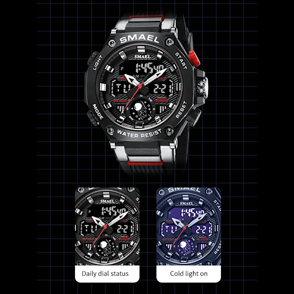 Quartz Armbandsur Sport SMAEL Military Army Clock Alarm Dual Display LED Elektronisk Watch 8069 Vattentäta klockor för män RED