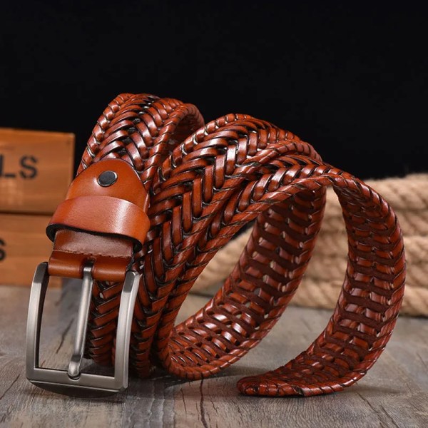 Flätat läderbälte för mäns bälten 4,0 cm bredd Lyxiga äkta läder ko-remmar Handstickat designerband läderbälte män Black 115CM