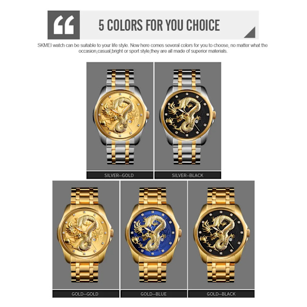 SKMEI Toppmärke Lyx Watch Golden Dragon Quartz Klockor Herr Vattentät datumvisning Armbandsur i rostfritt stål Hane gold
