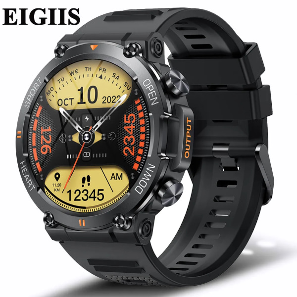 EIGIIS Smart Watch Herr 1,39'' IPS-skärm Bluetooth Call Watch 24 Sportlägen 400mAh batteriklocka Smartwatch For Herr Silicone Black Bluetooth Call